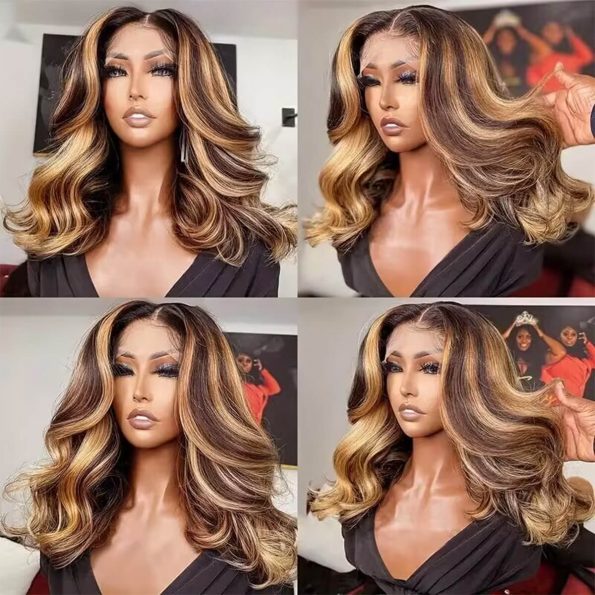 mid length honey blonde body wave wig